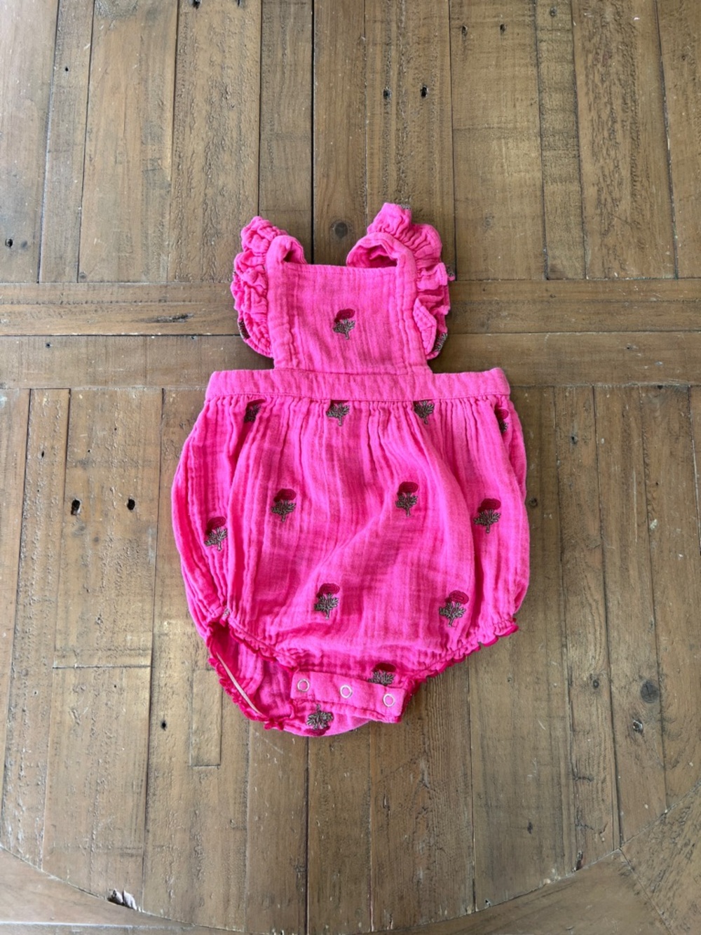 Pink chicken bright pink rose embroidered ruffle gauzy bubble romper girls 2T